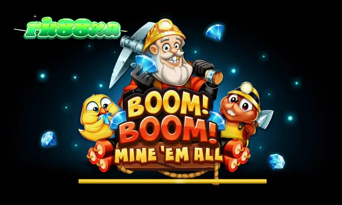 Tampilan visual slot Boom! Boom! Mine ‘Em All dengan tema pertambangan yang gelap dan penuh dinamit.